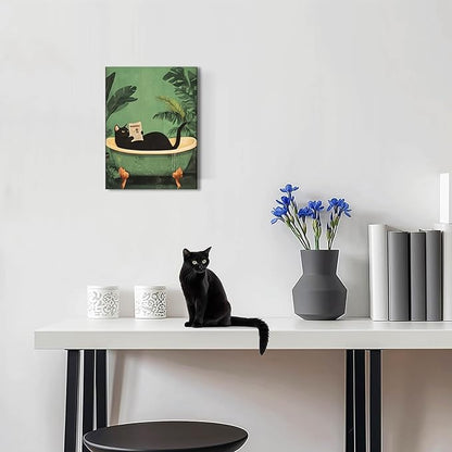 Funny Bathroom Black Cat Wall Art Set of 3, Whimsical Animal Bathroom Wall Decor Painting Maximalist Quirky Dark Pet Cat Toilet Canvas Poster Prints Aesthetics, Framed 12x16 inch
