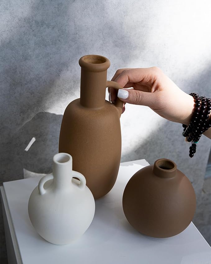 Ceramic Vase Set of 3 - Home Decor Farmhouse Rustic Decor, Decorative Flower Vases with Handles for Shelf, Dining Table,Living Room, Kitchen Shelf,Coffee Table,Modern Vase Decor -Multicolor