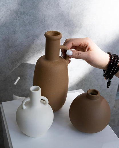 Ceramic Vase Set of 3 - Home Decor Farmhouse Rustic Decor, Decorative Flower Vases with Handles for Shelf, Dining Table,Living Room, Kitchen Shelf,Coffee Table,Modern Vase Decor -Multicolor