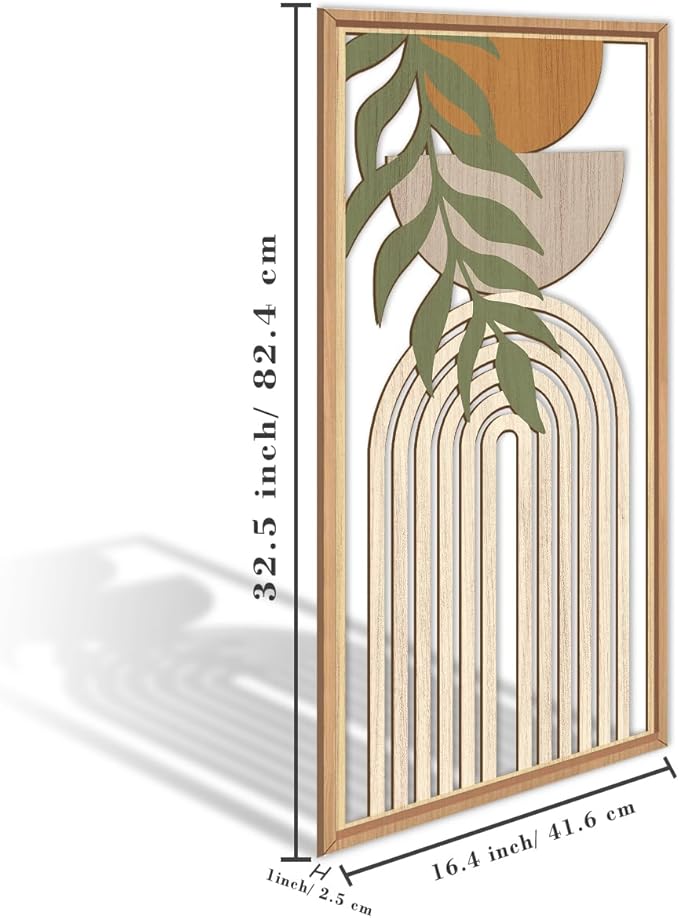 IARTTOP Large Boho Mid-century Modern Wood Wall Art 16x32 Inch Framed Green Abstract Leaf Wooden Wall Decor Bohemian Minimalist Geometric Wall Art Decor for Bedroom Living Room Office Set of 3