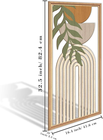 IARTTOP Large Boho Mid-century Modern Wood Wall Art 16x32 Inch Framed Green Abstract Leaf Wooden Wall Decor Bohemian Minimalist Geometric Wall Art Decor for Bedroom Living Room Office Set of 3