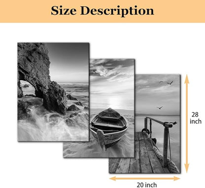Pacimo 3 Panels Set Framed Canvas Wall Art Print for Seascape Beach and Boat Sunrise Scenery Black and White Giclee Canvas Print Modern Artwork for Wall Decor Ready to Hang - 20"x28"x3 Panels