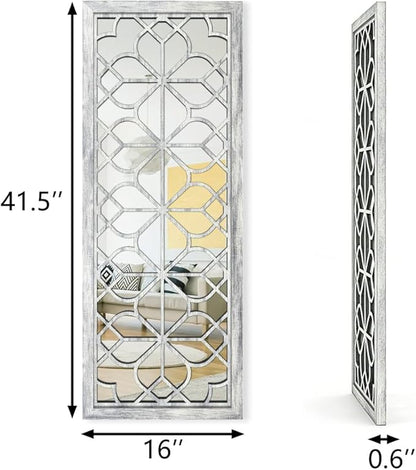 Set of 2 16x41.5 Inch Large Carved Floral Wood Frame Wall Mirrors, Shatterproof Boho Farmhouse Rustic Accent Mirrors for Living Room, Bedroom, Bathroom, Entryway & Home Wall Decor (Gray)