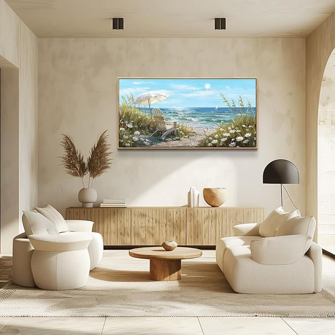 ERQINHUA Large Wall Art For Living Room Canvas Wall Decor For Bedroom Office Decoration Blue Sea Ocean Paintings Beach Chair Wall Pictures Artworks Modern Home Decor Aesthetics 24x48 In Wood Framed