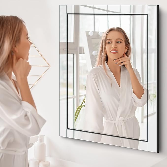 Syndra 24x 32 Rectangular Mirror for Bathroom, Bathroom Mirrors for Over Sink, Wall Mounted Vanity Mirror with Tempered Glass, Rust-Resistant Solid Wood Frame for Bathroom, Bedroom, Living Room