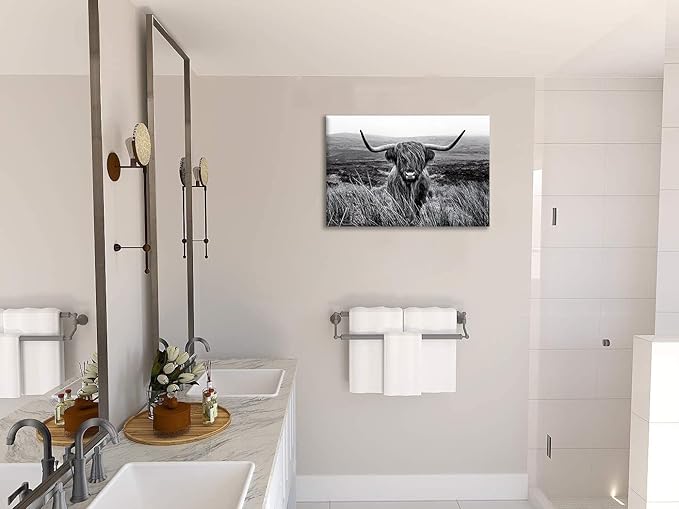 Highland Cow Wall Art Black and White Large Canvas Picture Animal Poster Framed Art Wall Decor for Living Room Bathroom (28x44 inch)