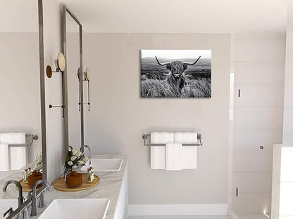 Highland Cow Wall Art Black and White Large Canvas Picture Animal Poster Framed Art Wall Decor for Living Room Bathroom (28x44 inch)