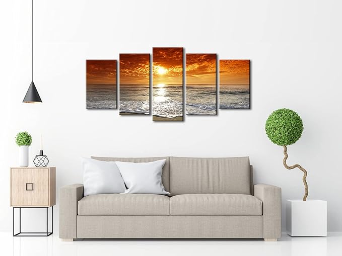 Wieco Art Grand Sight Sunset Ocean Canvas Prints Wall Art Sea Beach Pictures to Photo Paintings Landscape Decor for Living Room Bedroom Home Decorations 5 Panels Modern HD Seascape Giclee Artwork