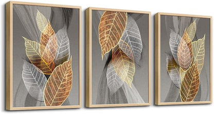 Natural Framed Canvas Wall Art - 3 Piece Abstract Leaves Prints for Living Room, Bedroom, Modern Bathroom, Kitchen Decor