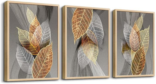 Natural Framed Canvas Wall Art - 3 Piece Abstract Leaves Prints for Living Room, Bedroom, Modern Bathroom, Kitchen Decor