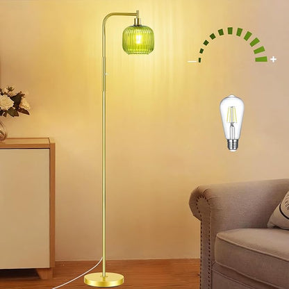 Vinaco Glass Arc Floor Lamps for Living Room, Brused Gold Floor Lamp with Ribbed Glass Shade, Dimmable Tall Lamps with Rotary Switch, Modern Standing Lamp with Bulb Included for Bedroom, Study Room