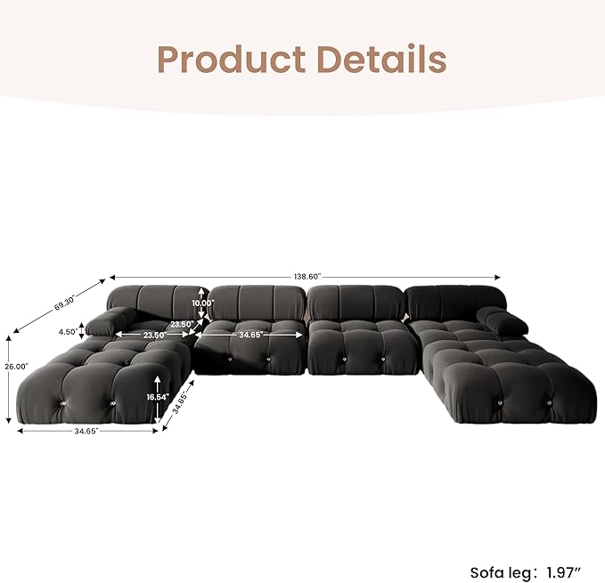138'' Modular Sectional Couch, U-Shaped Velvet Sofa with Reversible Chaise Ottoman, Minimalist 6-Seat Bubble Sofa, Modern Black Sectional Couches for Living Room, Apartment (6 Seats, Black)