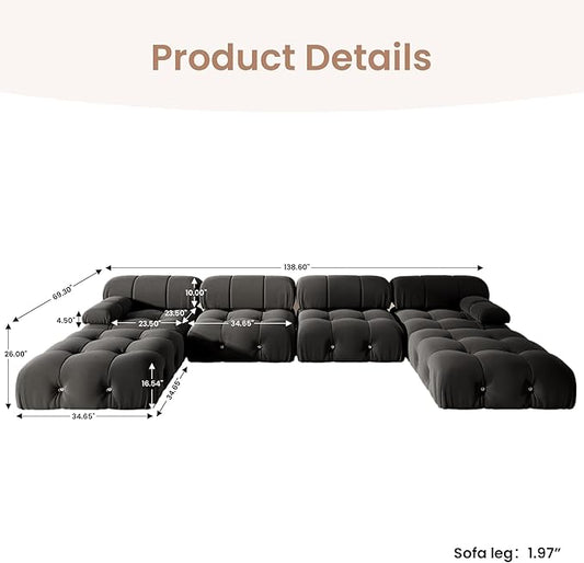 138'' Modular Sectional Couch, U-Shaped Velvet Sofa with Reversible Chaise Ottoman, Minimalist 6-Seat Bubble Sofa, Modern Black Sectional Couches for Living Room, Apartment (6 Seats, Black)