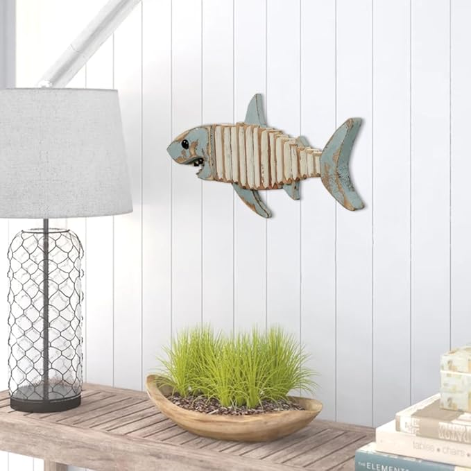 Driftwood Fish Nautical Wall Decor - Handmade Wooden Rustic Coastal Wall Art for Living Room, Bedroom, Office, Bathroom - Ocean Beach Decoration (Raya)