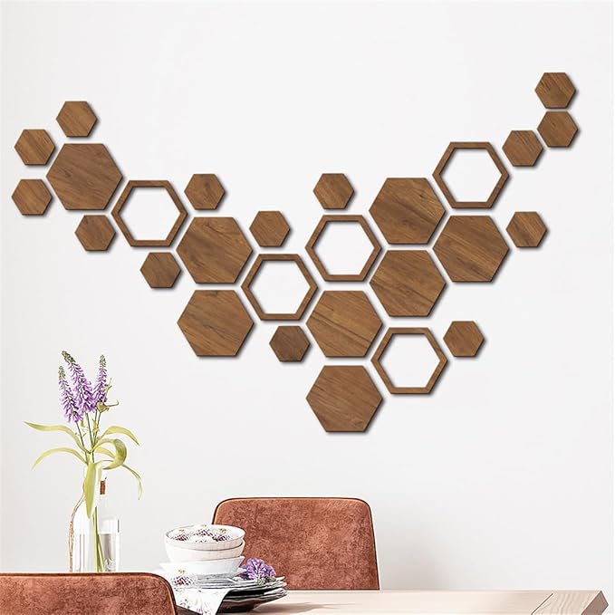 Hexagon Wood Wall Art, 27 PCS Modern Hollow Wooden Honeycomb Wall Stickers, DIY Modern Geometric Wood Wall Art Decor, 3D Wooden Hexagon Wall Tiles for Living Room, TV Background, Office