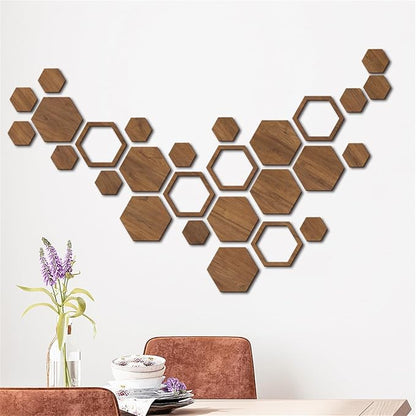 Hexagon Wood Wall Art, 27 PCS Modern Hollow Wooden Honeycomb Wall Stickers, DIY Modern Geometric Wood Wall Art Decor, 3D Wooden Hexagon Wall Tiles for Living Room, TV Background, Office