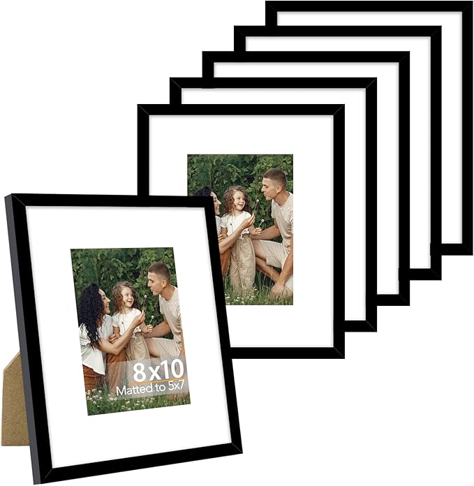 JCJMY 8x10 Picture Frame with 5x7 Mat Set of 6, Display Photo 5x7 with Mat or 8x10 without Mat, 8 by 10 Wall Poster Photo Frame with Shatter Resistant Plexiglass for Wall or Tabletop, 6 Pack, Black
