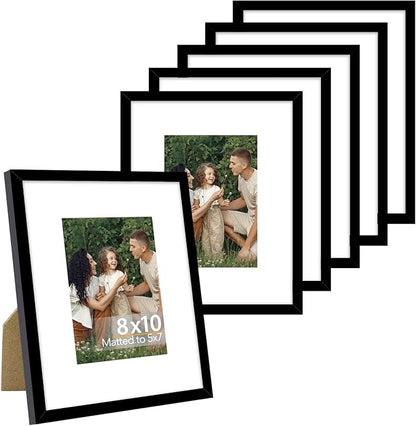 JCJMY 8x10 Picture Frame with 5x7 Mat Set of 6, Display Photo 5x7 with Mat or 8x10 without Mat, 8 by 10 Wall Poster Photo Frame with Shatter Resistant Plexiglass for Wall or Tabletop, 6 Pack, Black