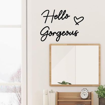 Hello Gorgeous Metal Wall Art Decor Minimalist Metal Words Hello Gorgeous Sign Farmhouse Decor for Home Bathroom Vanity or Makeup Room Living Room Bedroom Office Hotel Wall Decoration (Black)