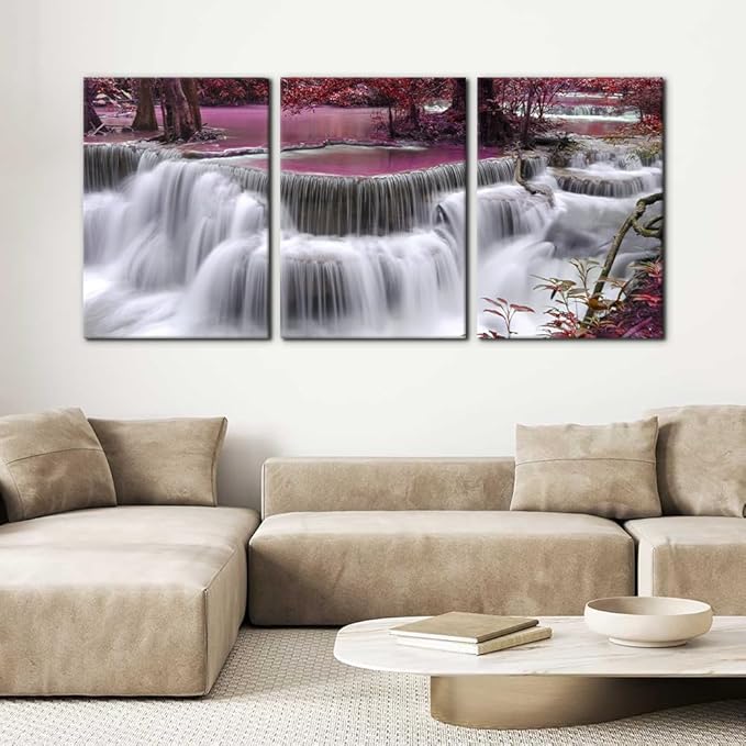 Pacimo Red Forest Canvas Wall Art 3-Piece Waterfall Canvas Print Set - Landscape - 20"x28"x3 Panel - Ready to Hang - Home & Office Decor