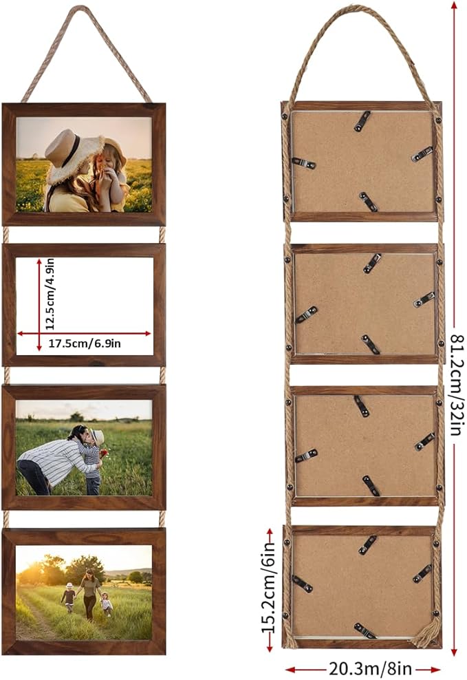 Lavezee 5x7 Hanging Collage Picture Frames Set of 2, Walnut Brown 8 Opening Horizontal Frame Made to Display 5 by 7 Inch Photo for Wall Decor