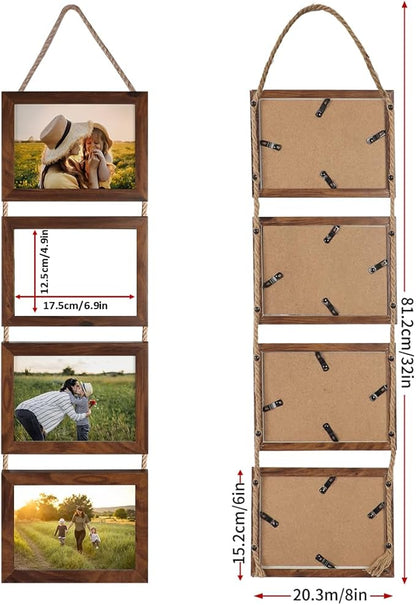 Lavezee 5x7 Hanging Collage Picture Frames Set of 2, Walnut Brown 8 Opening Horizontal Frame Made to Display 5 by 7 Inch Photo for Wall Decor