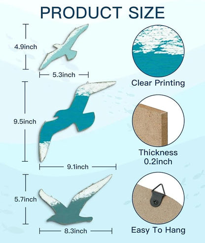 Putuo Decor 3pcs Seagull Wall Decor, Wooden Sea Bird Beach Wall Art, Ocean Home Decor Indoor Coastal Theme Wall Hanging for Bathroom Home Living Room Lake House