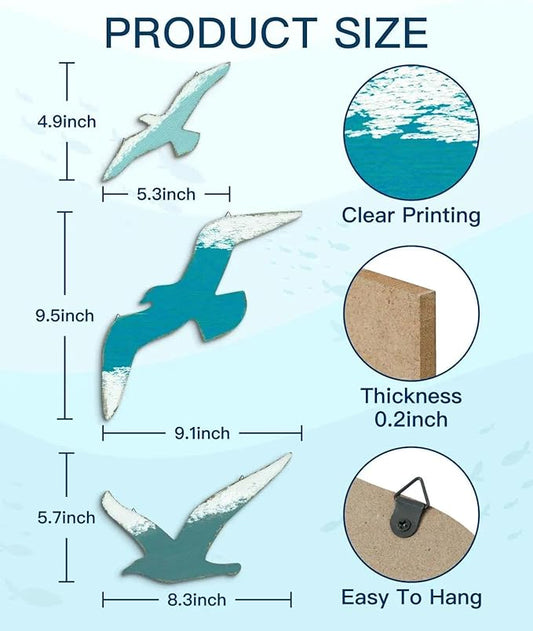 Putuo Decor 3pcs Seagull Wall Decor, Wooden Sea Bird Beach Wall Art, Ocean Home Decor Indoor Coastal Theme Wall Hanging for Bathroom Home Living Room Lake House