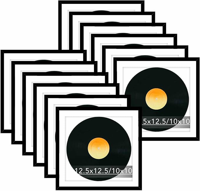 JCJMY 12 Pack 12.5x12.5 Record Frame with 10x10 Mat for Vinyl Record Album Cover Poster, Display Photo 10x10 with Mat or 12.5 x 12.5 Without Mat, Wall Hanging Vinyl Frames, 12 Pack, Black