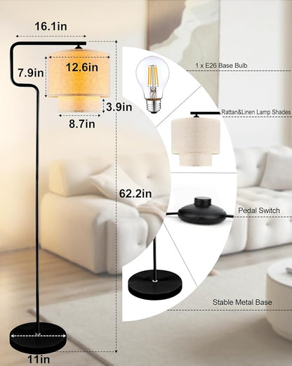 Lightdot 62IN Floor Lamps for Living Room, Modern Standing Tall Lamps with Double Linen Shades, 3000K Arc Bohemian Floor Lamp with Foot Switch for Wedding/Party, Bedroom, Home Office-Black