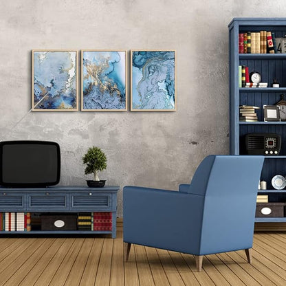 Natural Wood Framed Wall Art For Living Room Large Wall Decoration For Bedroom Office Wall Decor Minimalist blue Abstract Wall Painting Watercolor Wall Pictures Home Decor 3 Piece Framed Art Prints
