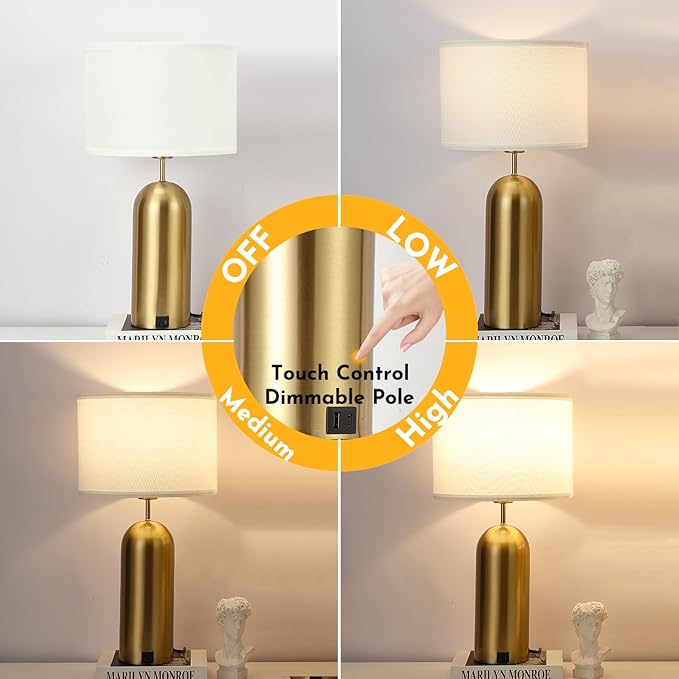 MoMyofdy Gold Lamps Set of 2 Touch Control 3-Way Dimmable Bedside Nightstand Lamps Bedroom Lamps Modern White& Gold Table Lamp with USB Type C Ports Tall Lamps for Living Room End Table Home Office