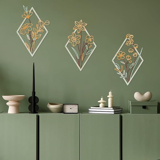 ShxTrade 3 Pcs Metal Flowers Wall Arts, Rustic Farmhouse Decor Minimalist Flower Wall Decors Natural Themed Home Decorations for Bathroom Kitchen Living Room Bedroom (Yellow)