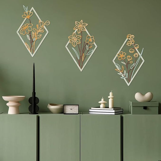 ShxTrade 3 Pcs Metal Flowers Wall Arts, Rustic Farmhouse Decor Minimalist Flower Wall Decors Natural Themed Home Decorations for Bathroom Kitchen Living Room Bedroom (Yellow)