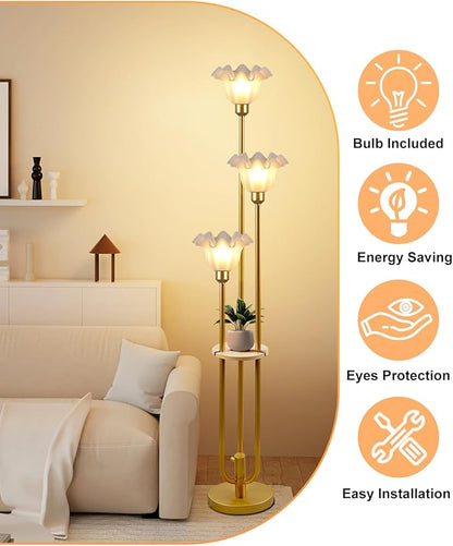 Flower Floor Lamp for Living Room, Vintage Dimmable Floor Lamp with Shelf & LED Bulbs, 3 Light 3000K Warmwhite Mid Century Gold Floral Standing Tall Lamp with 5Lbs Heavy Base for Bedroom