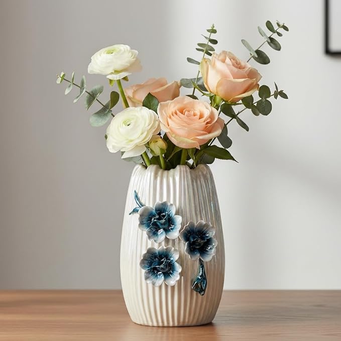 Small White Vase - 7 Inch Modern Ceramic Vases for Centerpieces, Minimalist 3D Sculpted Flower Vase for Home Decor, Kitchen, Dining Table, Shelf, Wedding Decor