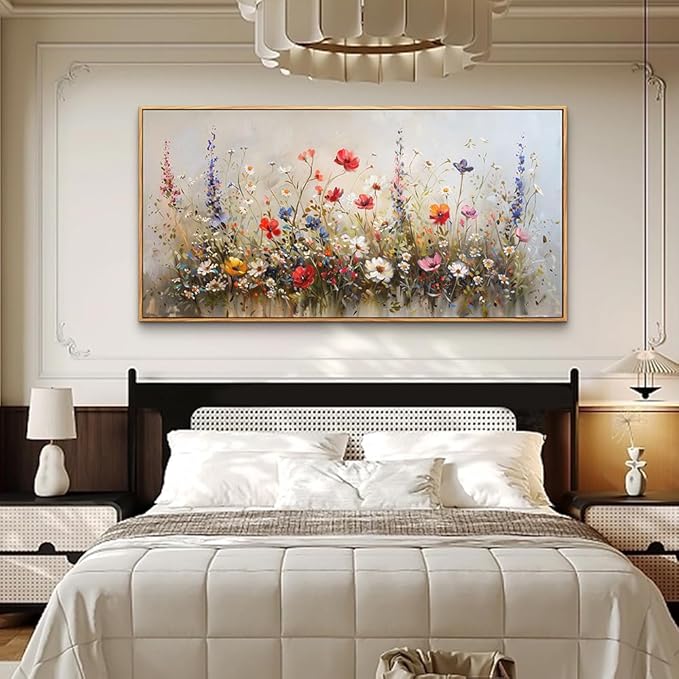 hyidecorart Large Canvas Print Wall Art Bedroom Wall Decor Pastel Watercolor Wild flowers Nature Field Landscape Paintings Farmhouse Pictures Office Artwork Living Room Wall Art Decor Wood Framed