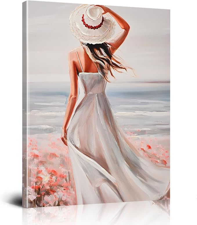 Poemwish Floral Woman Wall Art, Vintage Coastal Oil Painting with Red Hat & White Dress, Oil Texture Paintings Wall Decor in Soft Blue Tones, Impressionist Beach Scene with Pink Flowers