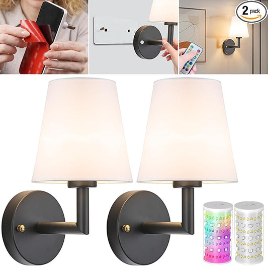 Vimhou Peel and Stick Wall Sconces, Stick On Wall Sconce Set of 2, Battery Operated Wireless Wall Light, No Drill Adhesive Wall Lamp, Corn Bulb with 10000mAh Rechargeable Battery, Bedroom Wall Decor