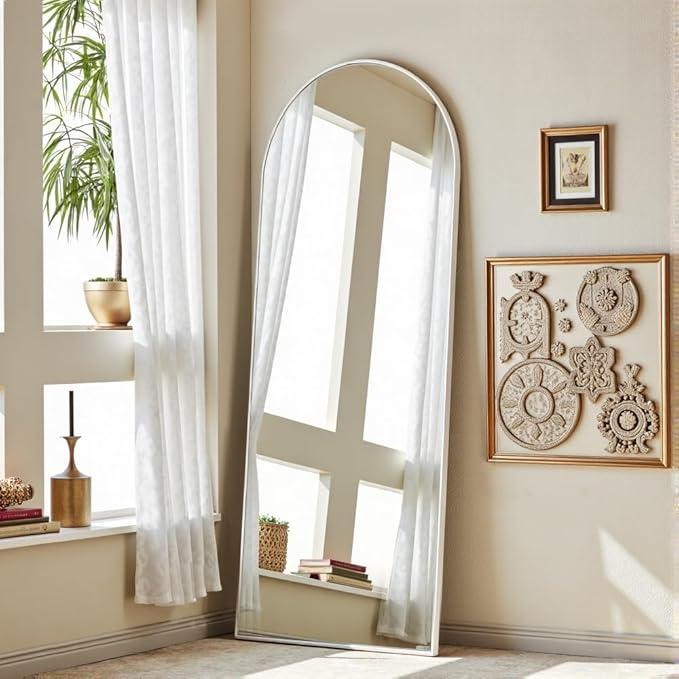 OGCAU Floor Full Length Mirror, 56"x20" Arched Full Body Mirror, Hanging or Leaning, Standing, Wall Mounted with Aluminum Frame for Bedroom Living Room, White