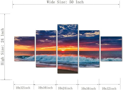 Ocean Decor Canvas Prints Set of 5 Prints Sunset Landscape Poster Cityscape Artwork for Living Room Kitchen Bedroom Decoration Office Home Decor Gift Framed Easy to Hang -50" Wx24 H