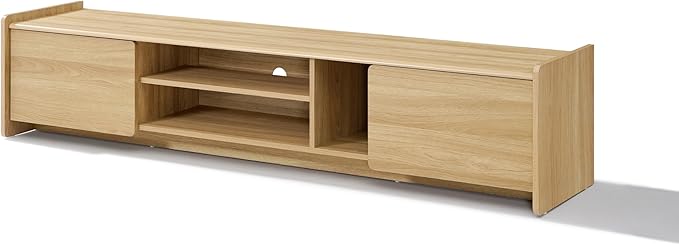 LuxenHome 69'' Oak TV Stand for Living Room for TVs up to 75'' TVs, Mid Century Modern TV Console Cabinet with Rounded Corners, Wood Low Media Console Entertainment Center with Storage