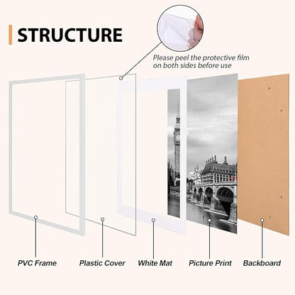 Fixwal 8x10 Picture Frame Set of 6 with Shatter Resistant Plastic Glass, Thin Border and Light Weight Photo Frames for Wall or Tabletop Display, Gift for Mother's Day, Father's Day, White