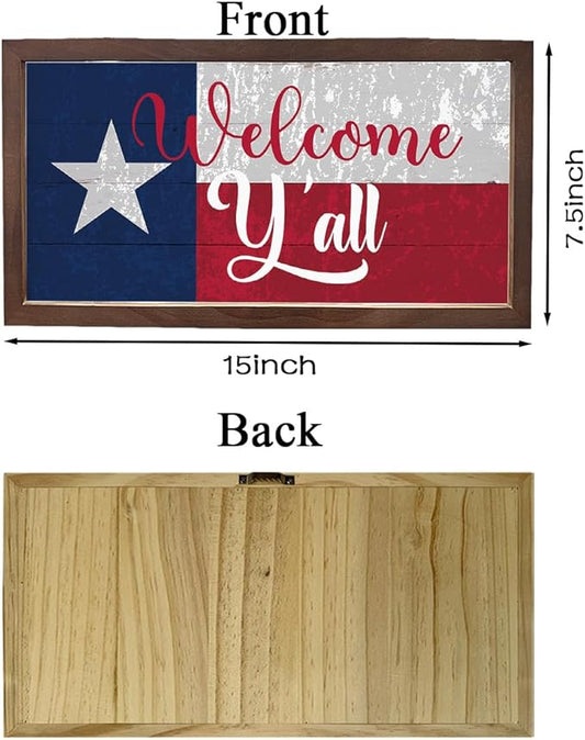 Welcome Y'all Sign for Front Door Decor, Texas Flag Wall Art, Welcome Decoration for Home, Rustic Wall Decoration, Wooden Framed Hanging Sign, 15×7.5×0.3 inches