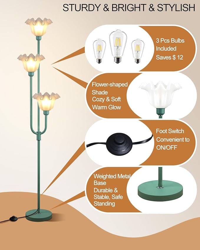 66'' Flower Floor Lamp for Living Room, Vintage Floral Floor Lamp with LED Bulbs, 3 Light 3000K Warmwhite Mid Century Standing Tall Lamps with 5Lbs Heavy Base for Bedroom-Grey Green