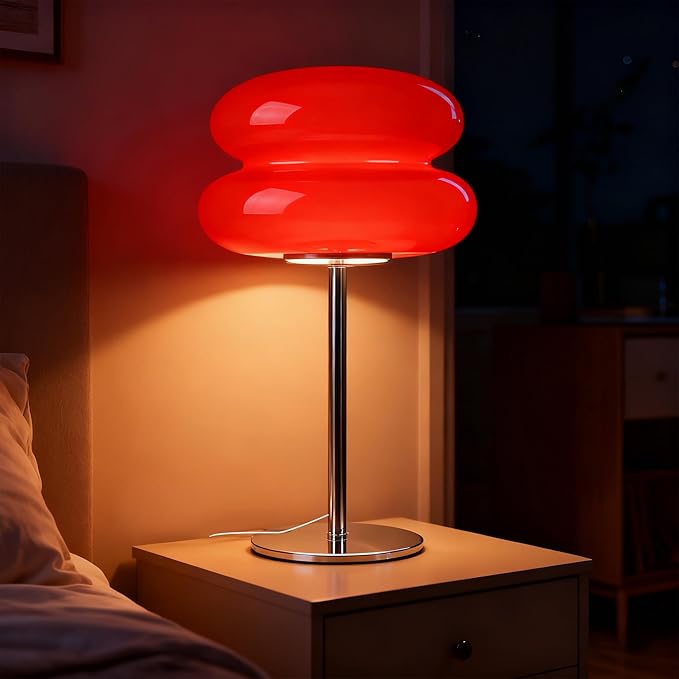 Mushroom Lamp for Bedroom,Mid Century Modern Lamp for Nightstand, Dimmable Retro Egg Tart Bedside Small Lamps,Unique Home Mushroom Decor Aesthetic Cute Table Lamps for Living Room (red)