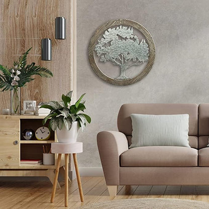 Hosley Tree of Life Wall Decor Set of 2 – 20” Round Metal Wall Art with Wooden Frame, Farmhouse Rustic Home Décor for Living Room, Bedroom, Entryway