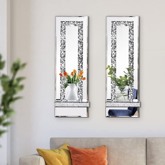 Aeveco Crystal Crush Diamond Mirrored Candle Sconces, Silver Wall Candle Holder Set of 2, Wall Decorations for Living Room，Dining Room (Rectangle Stripe (Style 4))