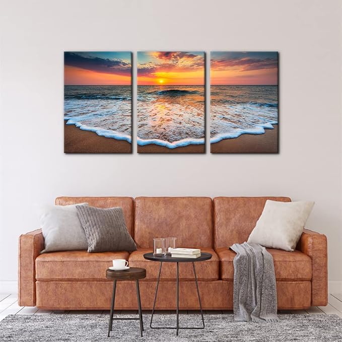 Pacimo 3 Pieces Wall Art Decor Beach Canvas Print Picture Sunrise Ocean Waves Scenery Painting Artwork for Office Wall Decor Home Decoration Stretched and Framed Ready to Hang - 16"x24"x3 Panels