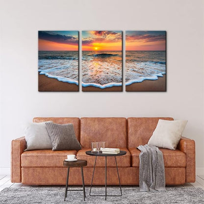 Pacimo 3 Pieces Wall Art Decor Beach Canvas Print Picture Sunrise Ocean Waves Scenery Painting Artwork for Office Wall Decor Home Decoration Stretched and Framed Ready to Hang - 16"x24"x3 Panels